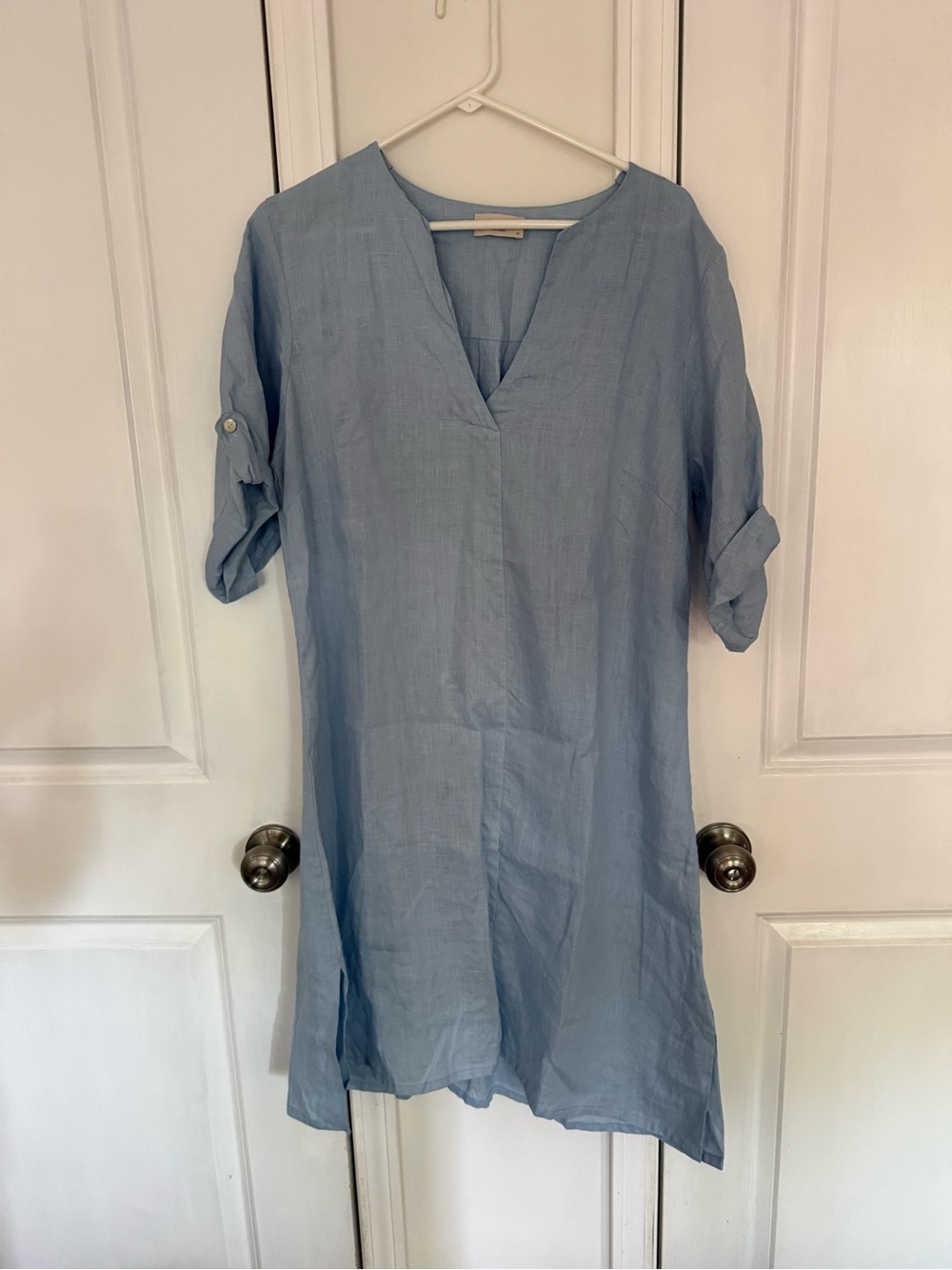 Nomad Sky Blue V-Neck Roll-Tab Sleeve Dress